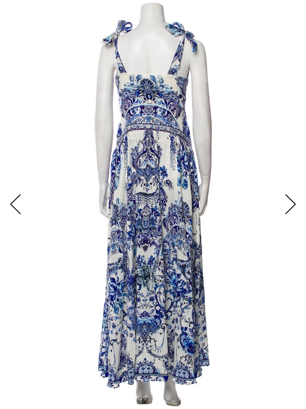 Camilla Blue and White Printed Tie-Shoulder Evening Gown - Picture 3 of 3